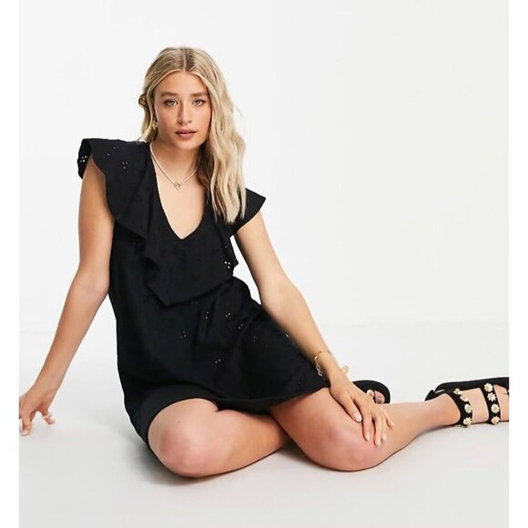 ASOS Design Black Eyelet Dress, NWoT, VNeck, Sz6 Tall, Beach, Boho - Picture 3 of 10